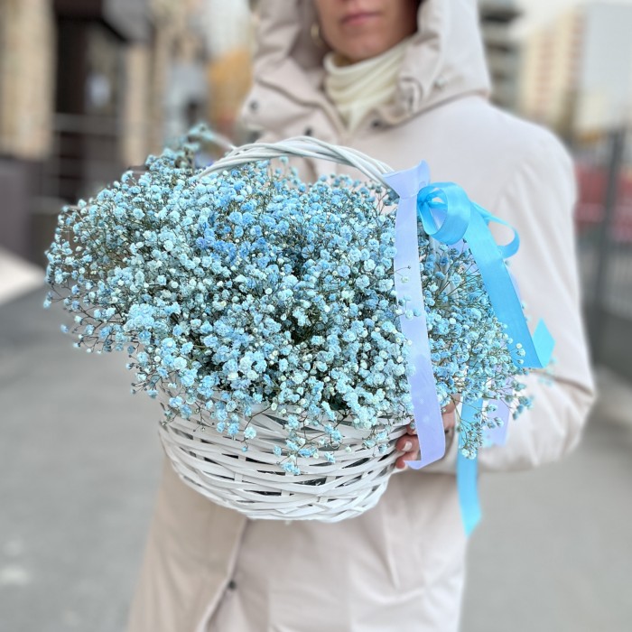 11 голубых гипсофил в корзине